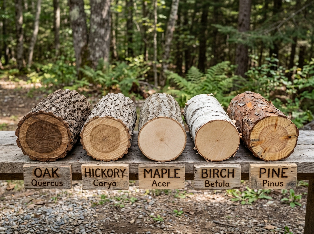 Collection of different firewood species: oak, hickory, maple, birch, pine